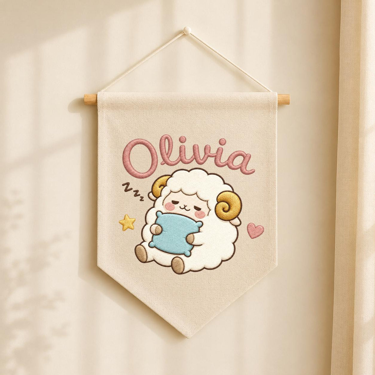 Personalized Sheep Embroidered Pennant Banner, Nursery Name Wall Hanging