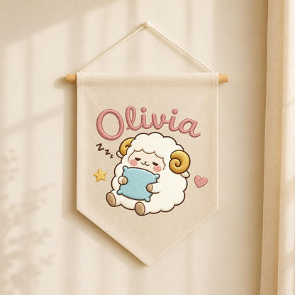 Personalized Sheep Embroidered Pennant Banner, Nursery Name Wall Hanging