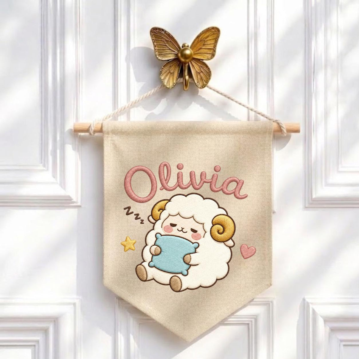 Personalized Sheep Embroidered Pennant Banner, Nursery Name Wall Hanging