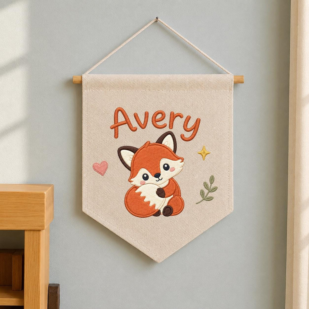 Personalized Embroidered Fox Name Banner, Woodland Nursery Wall Hanging