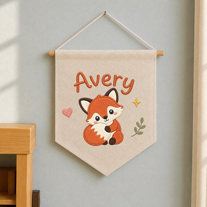 Personalized Embroidered Fox Name Banner, Woodland Nursery Wall Hanging