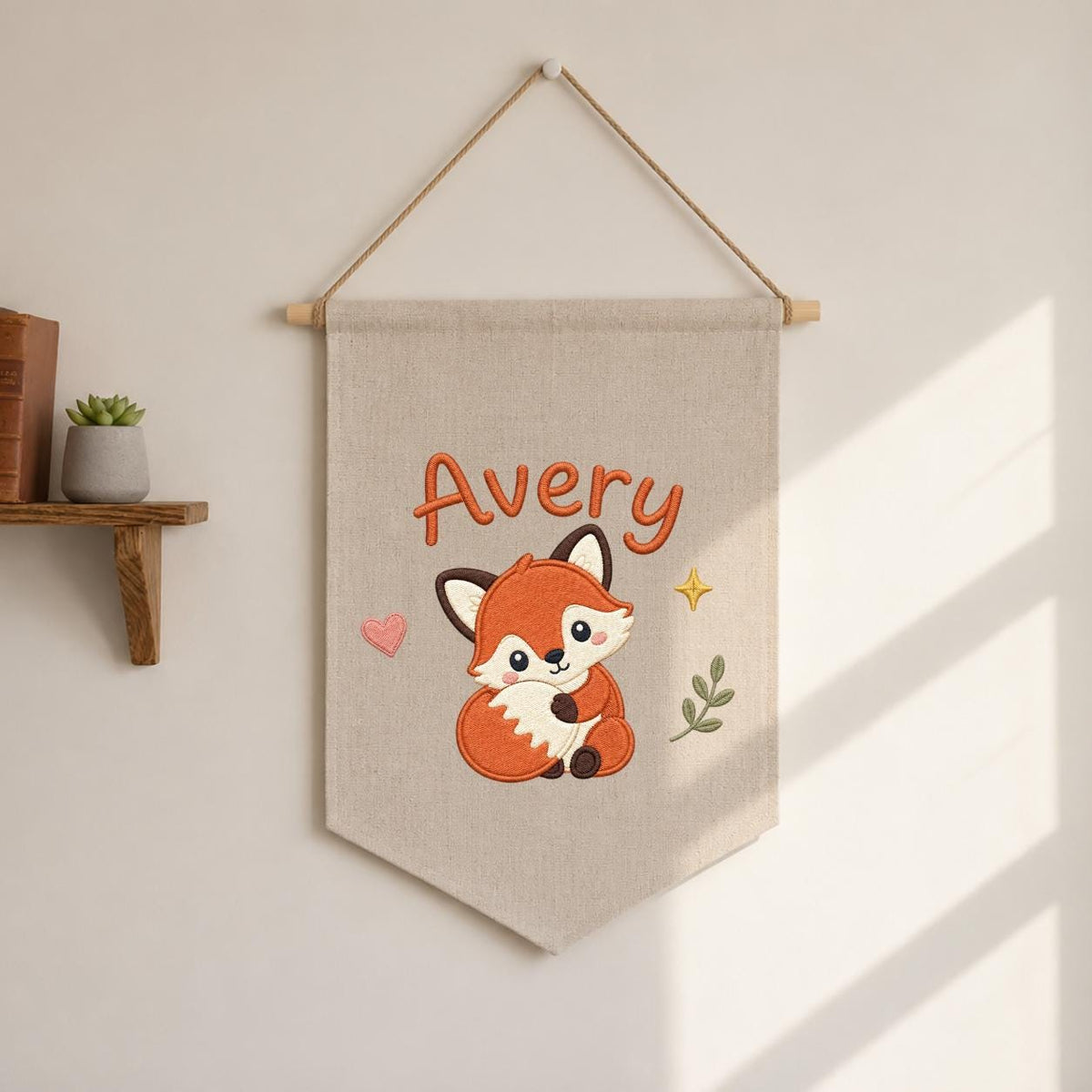 Personalized Embroidered Fox Name Banner, Woodland Nursery Wall Hanging
