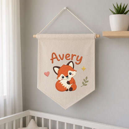 Personalized Embroidered Fox Name Banner, Woodland Nursery Wall Hanging