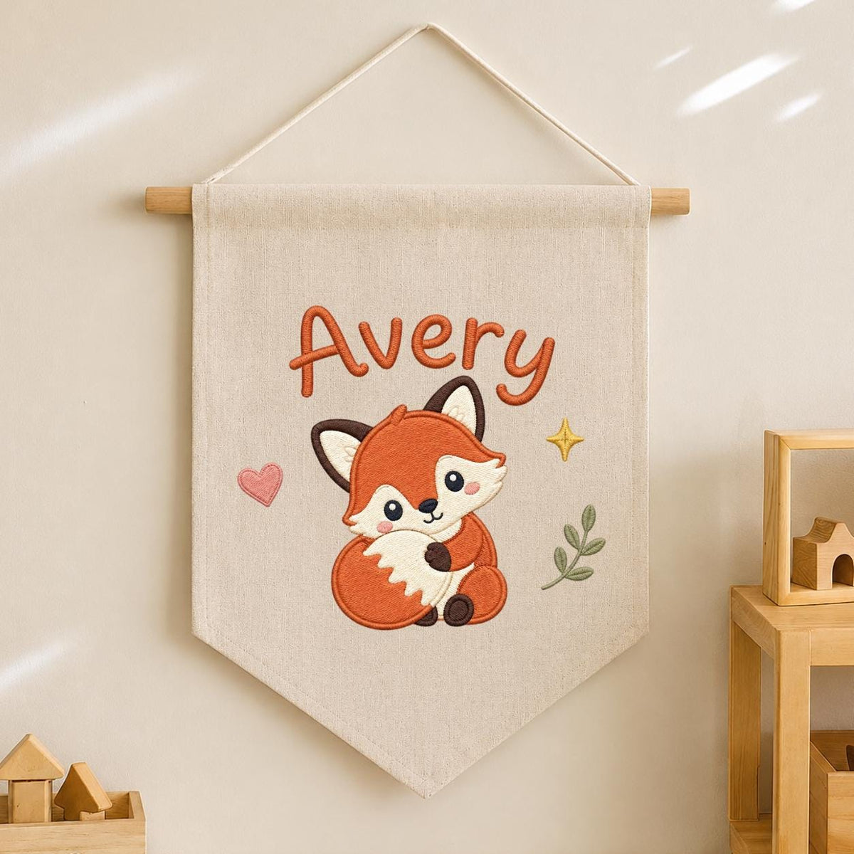 Personalized Embroidered Fox Name Banner, Woodland Nursery Wall Hanging