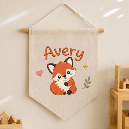 Personalized Embroidered Fox Name Banner, Woodland Nursery Wall Hanging