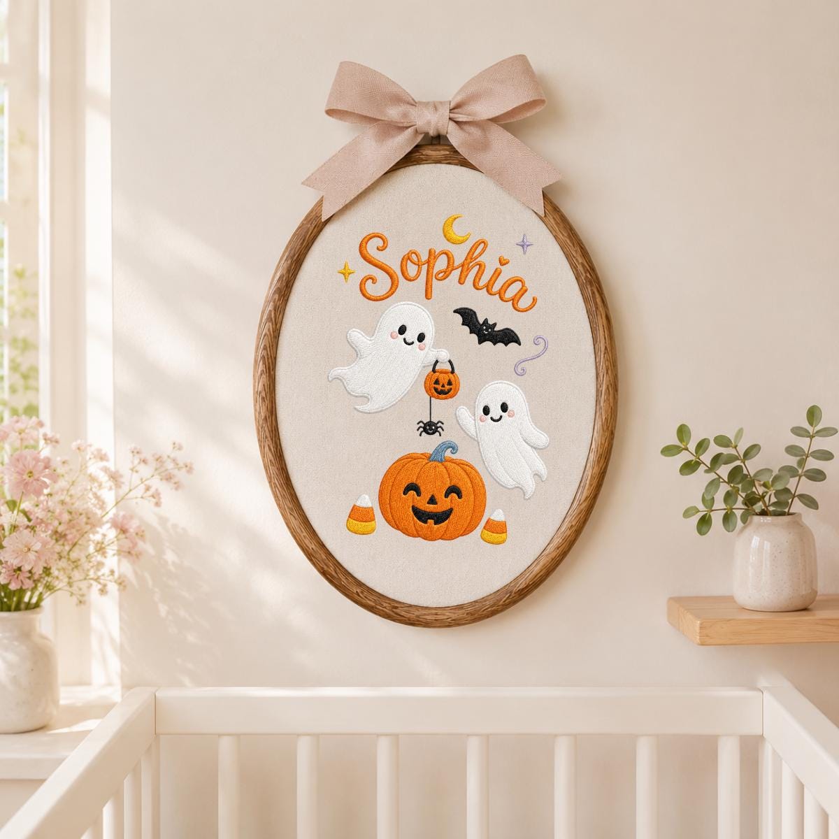 Personalized Embroidered Halloween Hoop Art, Custom Name Wall Decor