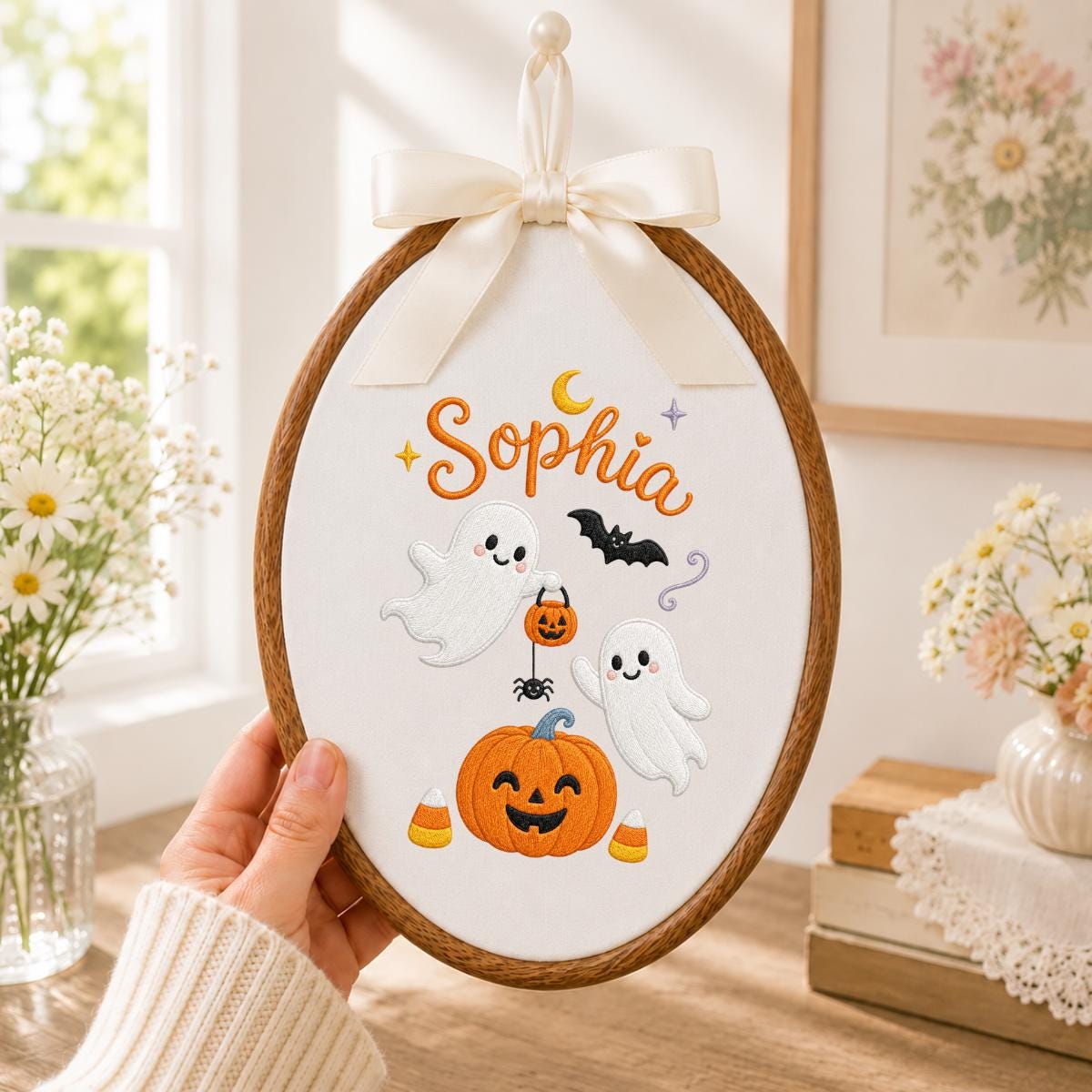 Personalized Embroidered Halloween Hoop Art, Custom Name Wall Decor