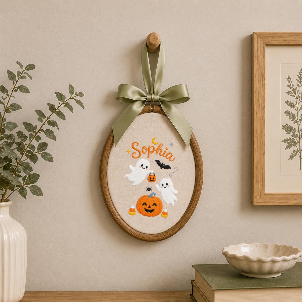 Personalized Embroidered Halloween Hoop Art, Custom Name Wall Decor