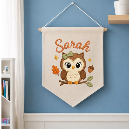 Personalized Owl Embroidered Name Banner, Woodland Nursery Wall Decor