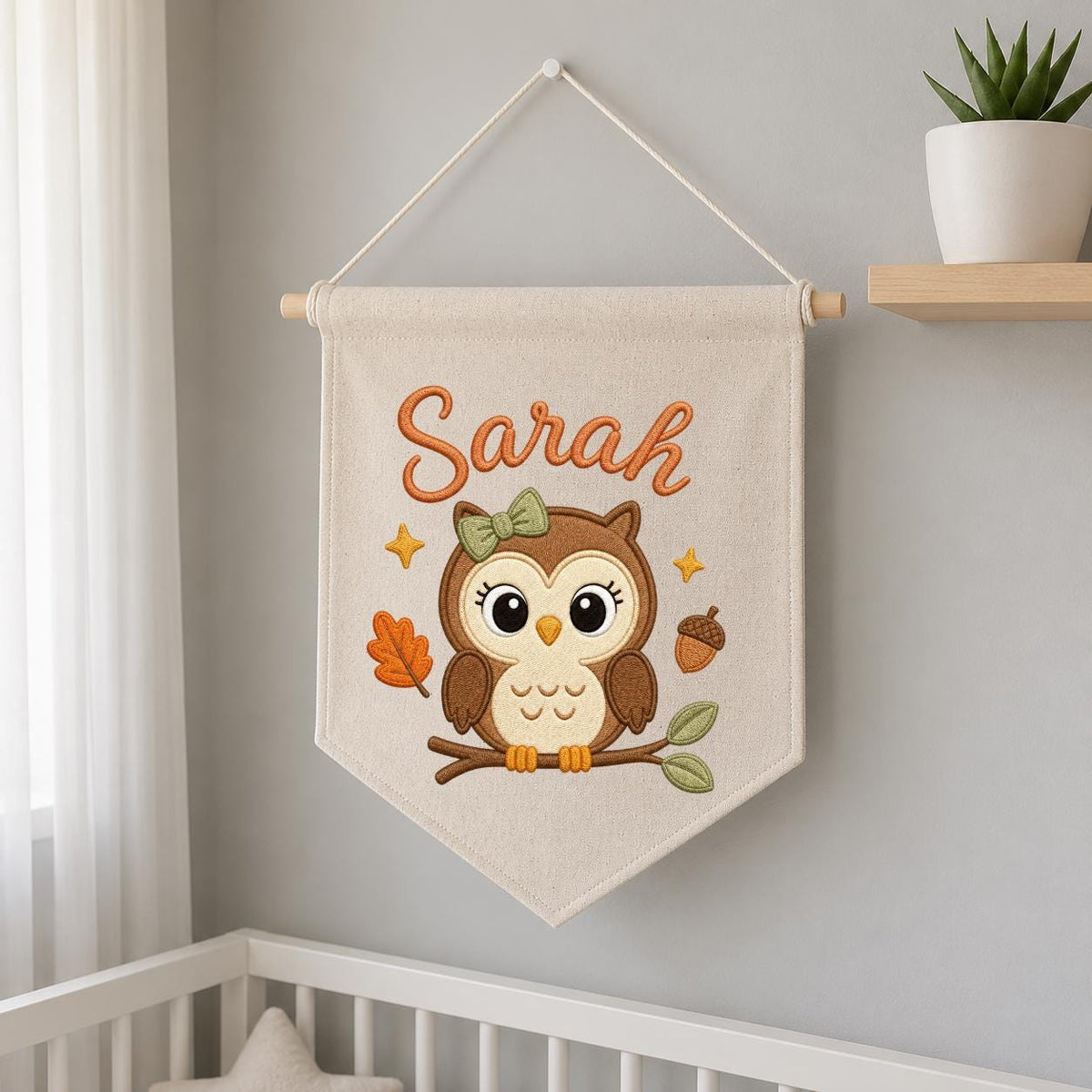Personalized Owl Embroidered Name Banner, Woodland Nursery Wall Decor