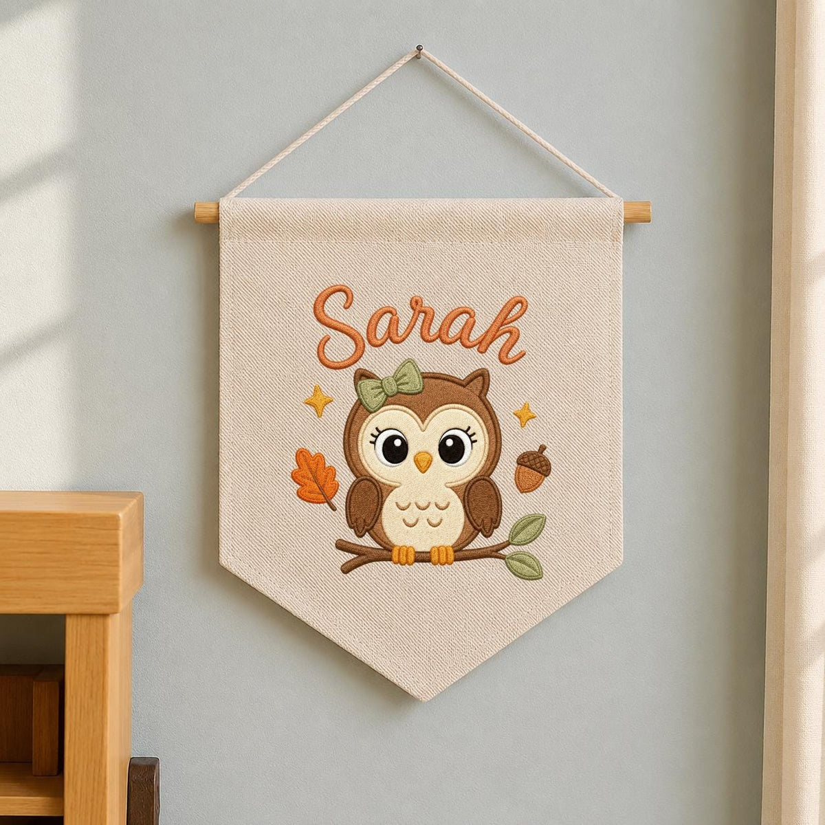 Personalized Owl Embroidered Name Banner, Woodland Nursery Wall Decor