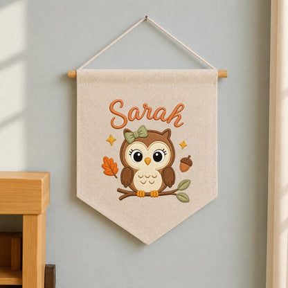 Personalized Owl Embroidered Name Banner, Woodland Nursery Wall Decor