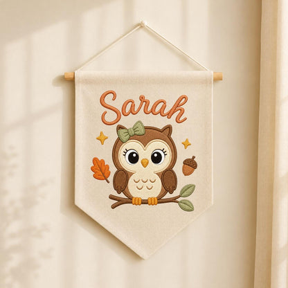 Personalized Owl Embroidered Name Banner, Woodland Nursery Wall Decor