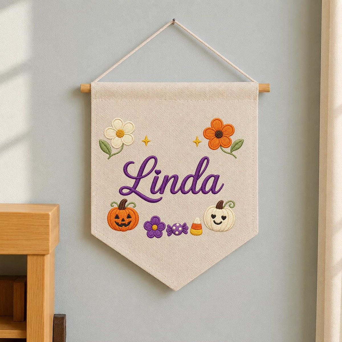 Personalized Embroidered Name Banner, Fall Floral Pumpkin Nursery Decor