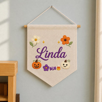 Personalized Embroidered Name Banner, Fall Floral Pumpkin Nursery Decor