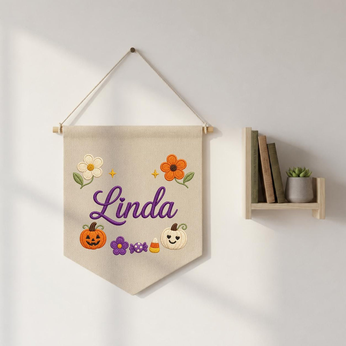 Personalized Embroidered Name Banner, Fall Floral Pumpkin Nursery Decor