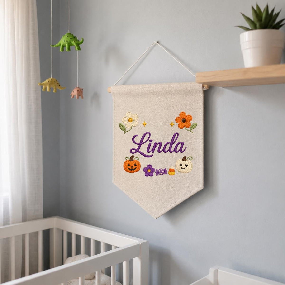 Personalized Embroidered Name Banner, Fall Floral Pumpkin Nursery Decor