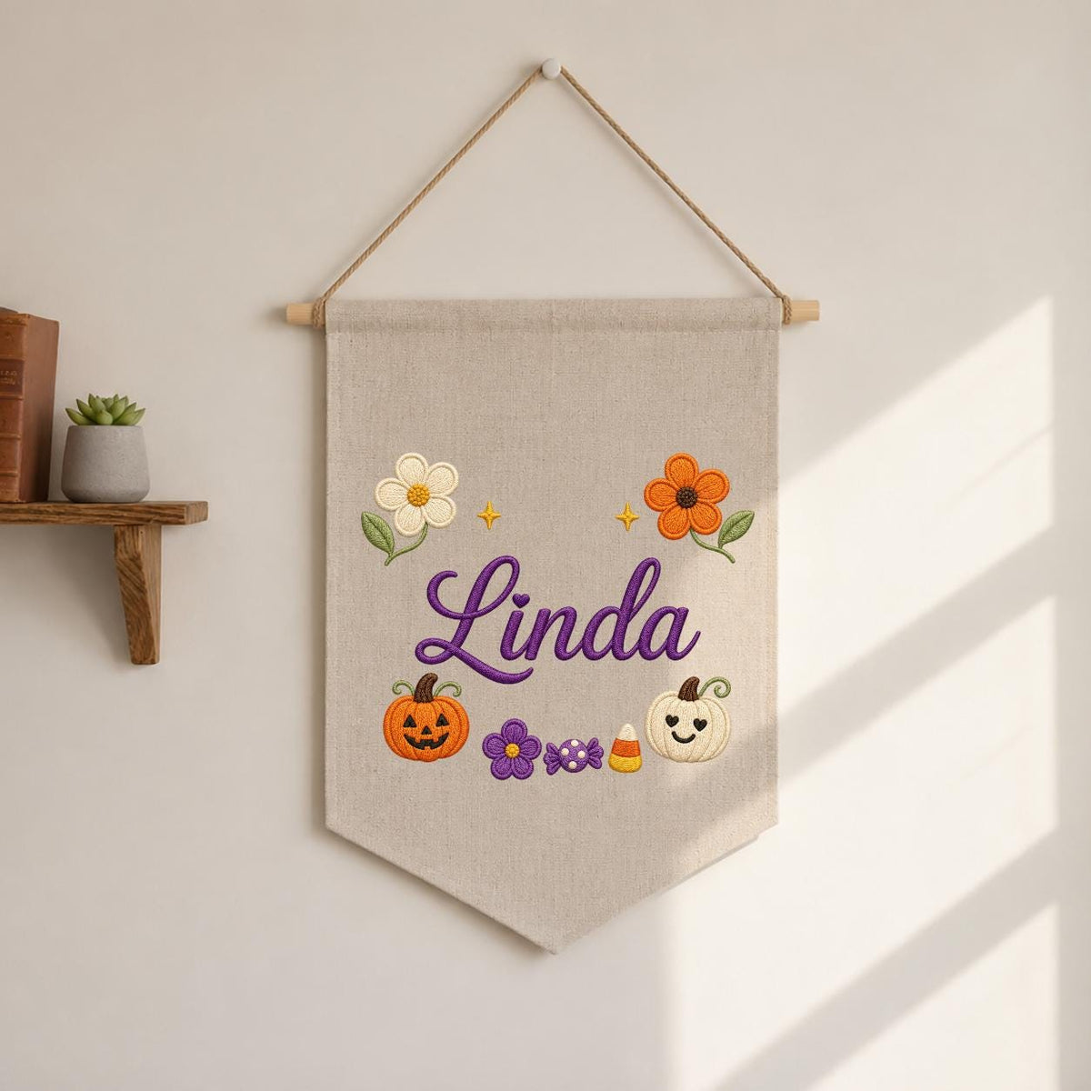 Personalized Embroidered Name Banner, Fall Floral Pumpkin Nursery Decor