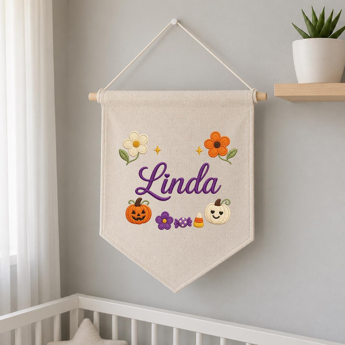 Personalized Embroidered Name Banner, Fall Floral Pumpkin Nursery Decor