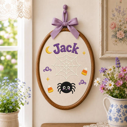 Personalized Spider Halloween Hoop Art, Custom Embroidered Name Fabric Wall Decor