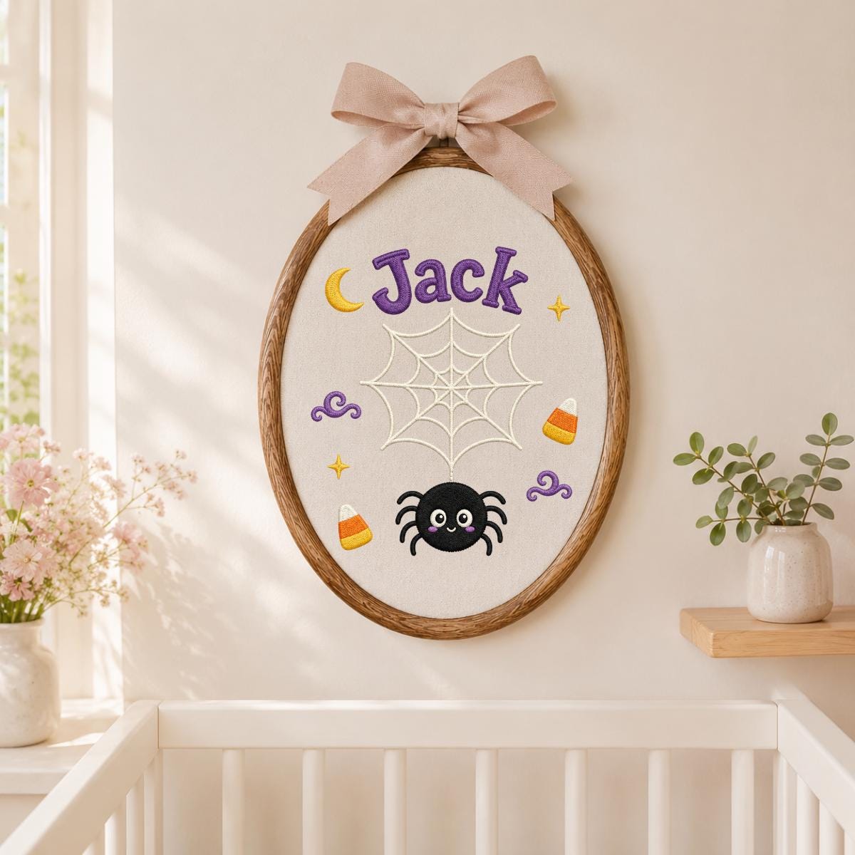Personalized Spider Halloween Hoop Art, Custom Embroidered Name Fabric Wall Decor
