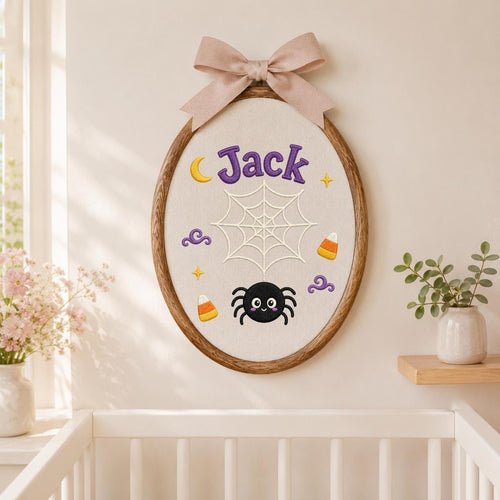 Personalized Spider Halloween Hoop Art, Custom Embroidered Name Fabric Wall Decor