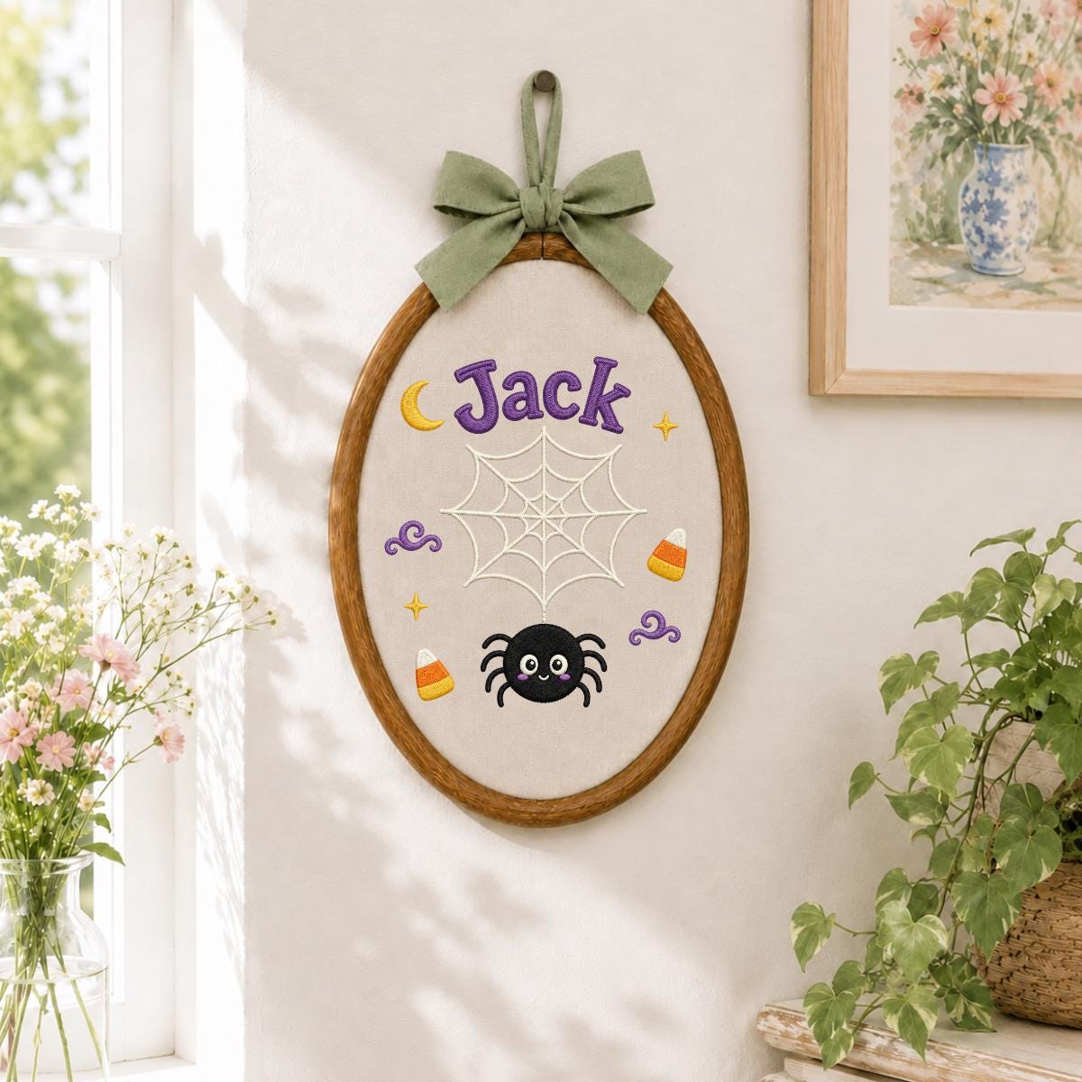 Personalized Spider Halloween Hoop Art, Custom Embroidered Name Fabric Wall Decor