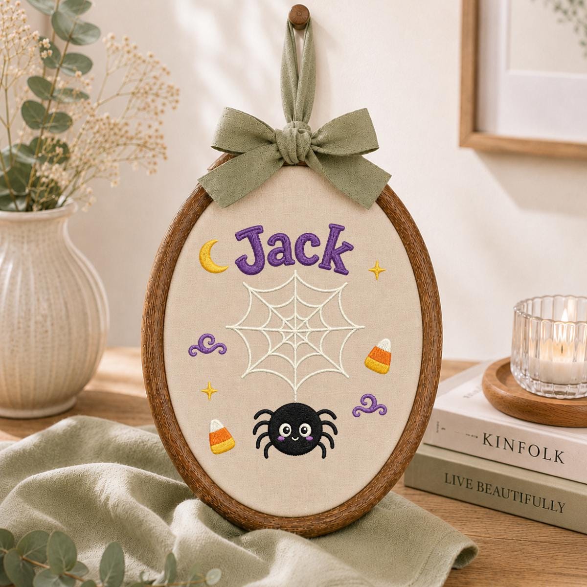 Personalized Spider Halloween Hoop Art, Custom Embroidered Name Fabric Wall Decor