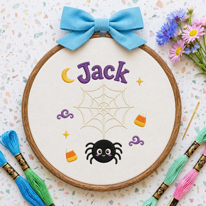 Personalized Spider Halloween Hoop Art, Custom Embroidered Name Fabric Wall Decor
