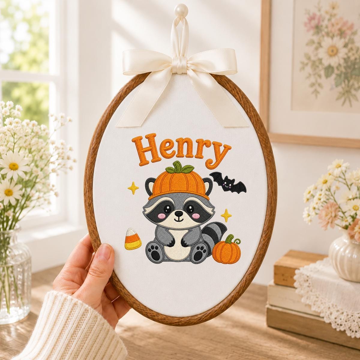 Personalized Raccoon Halloween Hoop Art, Custom Name Embroidery, Spooky Woodland Decor