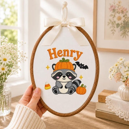 Personalized Raccoon Halloween Hoop Art, Custom Name Embroidery, Spooky Woodland Decor