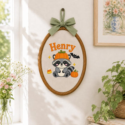 Personalized Raccoon Halloween Hoop Art, Custom Name Embroidery, Spooky Woodland Decor