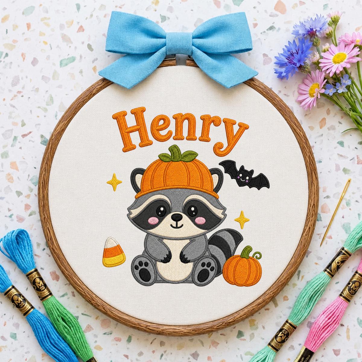 Personalized Raccoon Halloween Hoop Art, Custom Name Embroidery, Spooky Woodland Decor