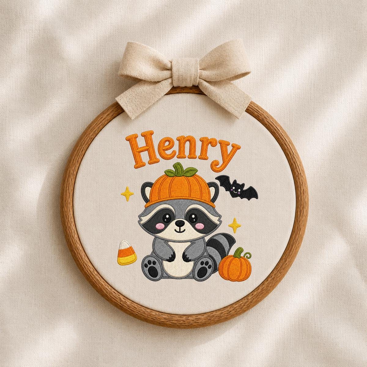 Personalized Raccoon Halloween Hoop Art, Custom Name Embroidery, Spooky Woodland Decor