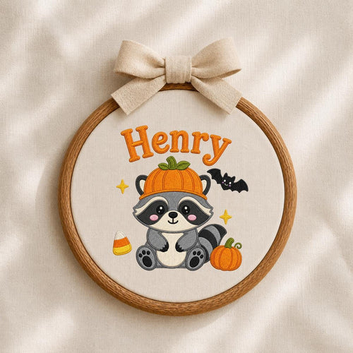 Personalized Raccoon Halloween Hoop Art, Custom Name Embroidery, Spooky Woodland Decor