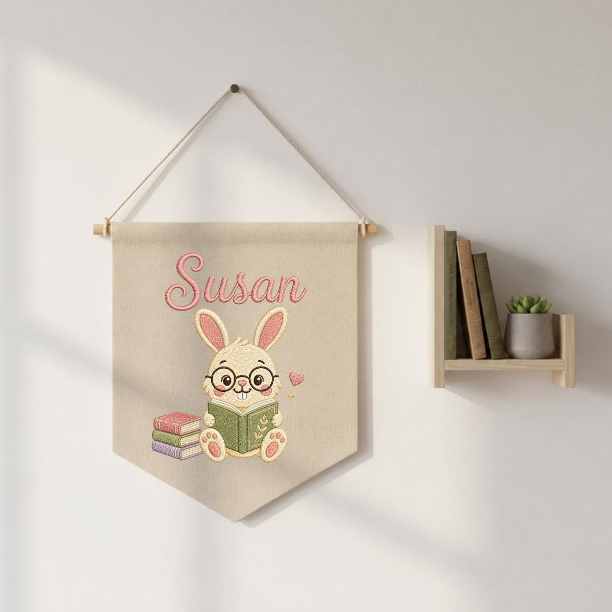 Personalized Embroidered Bunny Reading Banner, Custom Name Nursery Decor