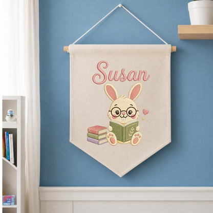Personalized Embroidered Bunny Reading Banner, Custom Name Nursery Decor