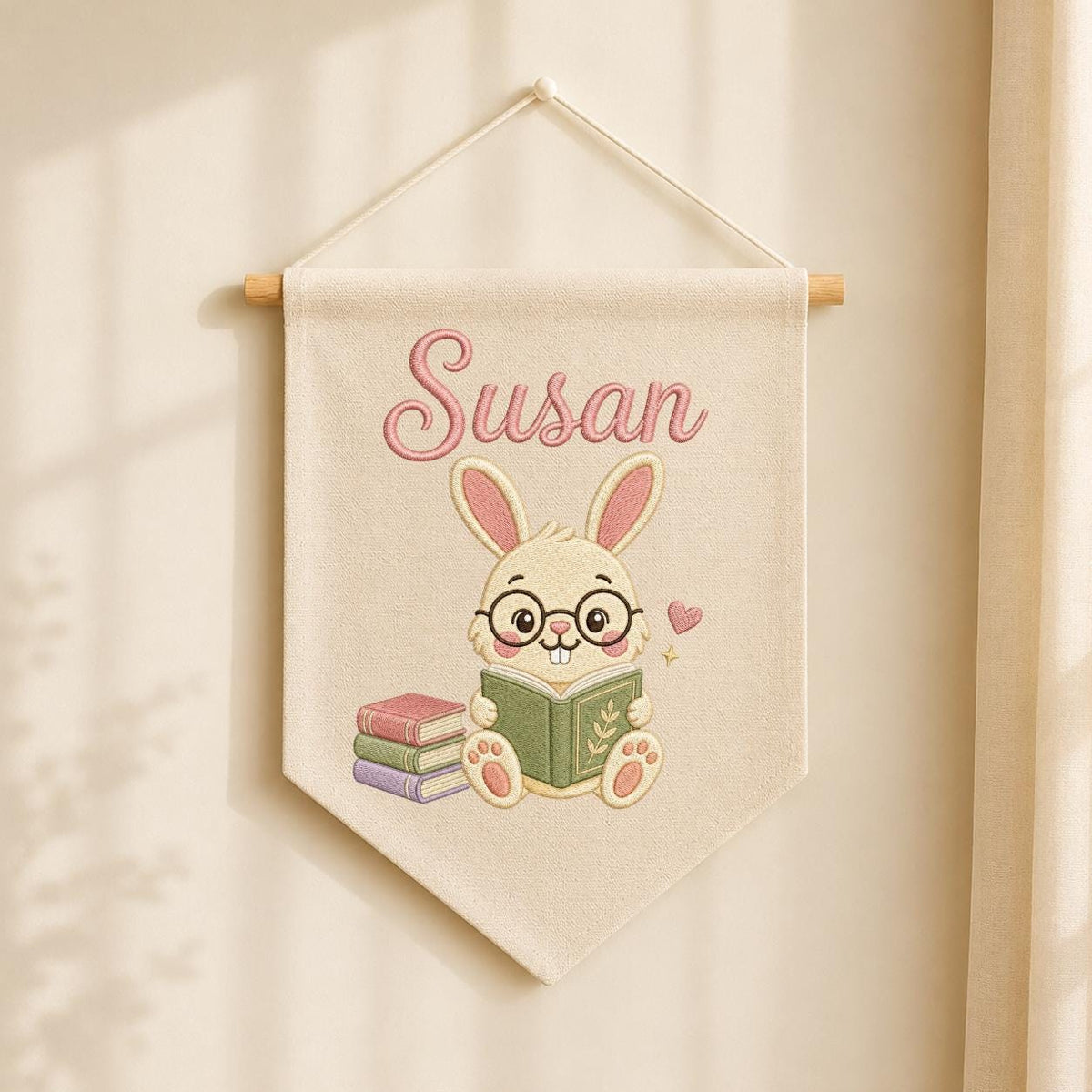 Personalized Embroidered Bunny Reading Banner, Custom Name Nursery Decor