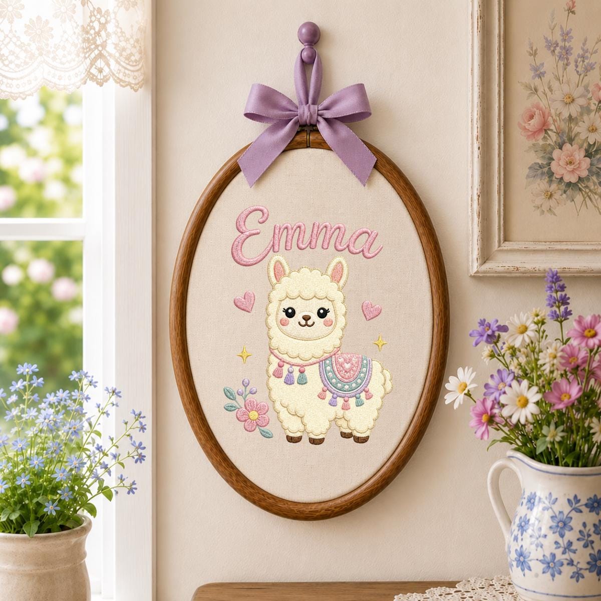 Personalized Embroidered Llama Hoop Art, Floral Nursery Name Sign