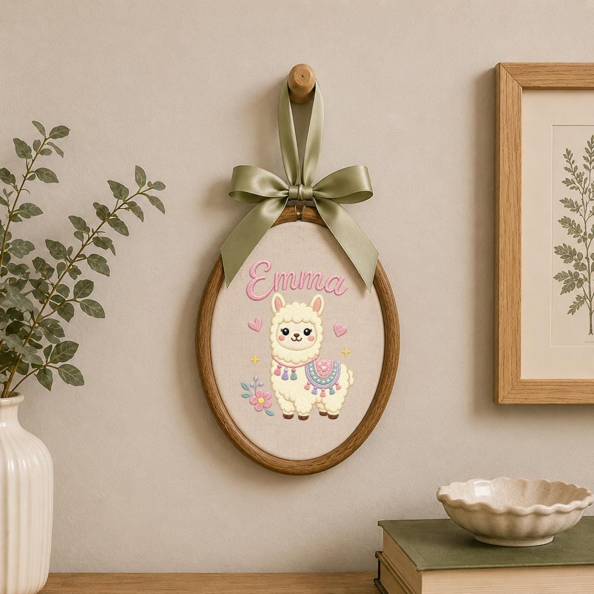 Personalized Embroidered Llama Hoop Art, Floral Nursery Name Sign