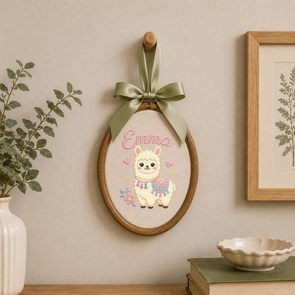 Personalized Embroidered Llama Hoop Art, Floral Nursery Name Sign