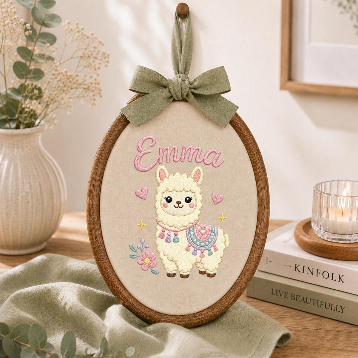 Personalized Embroidered Llama Hoop Art, Floral Nursery Name Sign