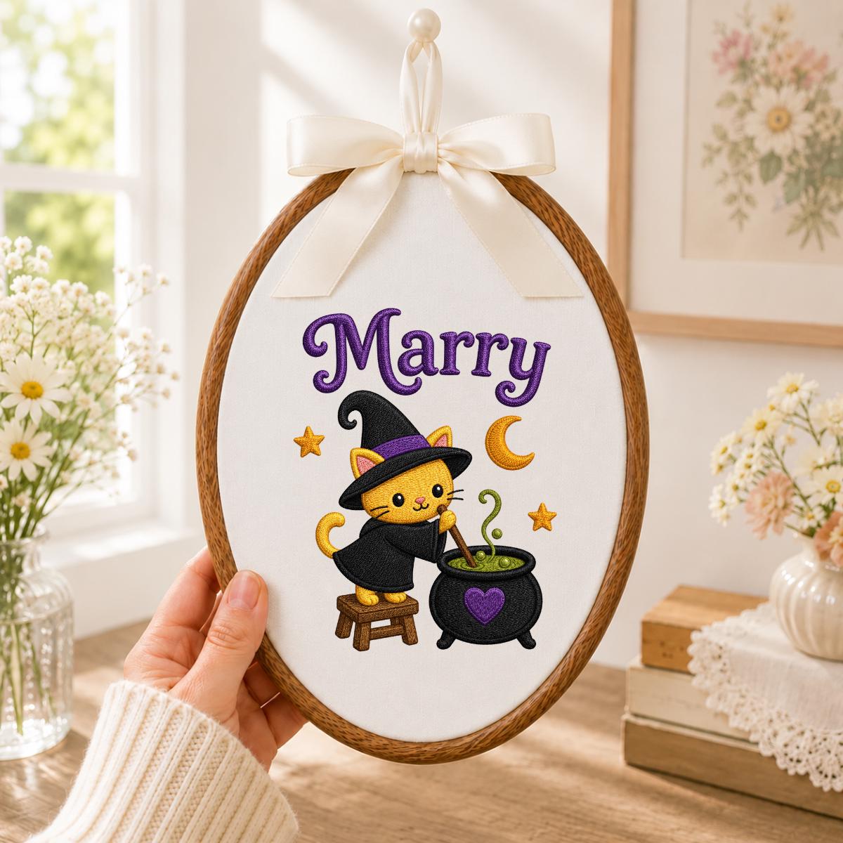 Personalized Witch Cat Halloween Hoop Art, Custom Name Embroidery, Spooky Nursery Decor