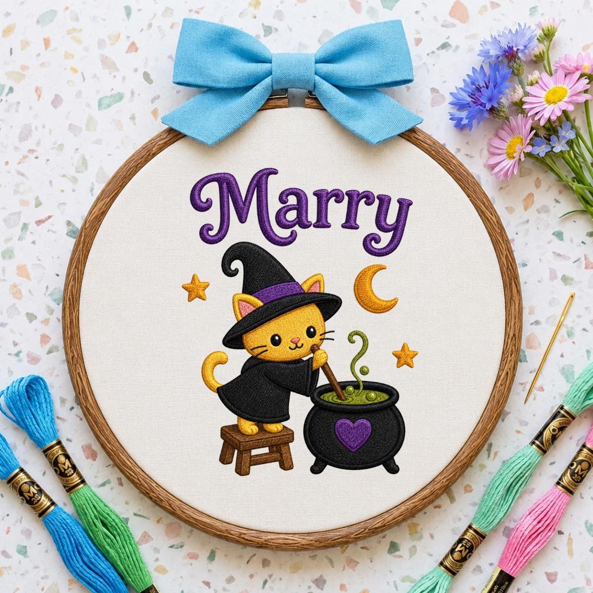 Personalized Witch Cat Halloween Hoop Art, Custom Name Embroidery, Spooky Nursery Decor