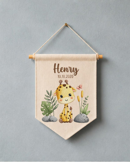 Personalized Giraffe Nursery Wall Hanging, Custom Name and Date Embroidered Banner, Safari Baby Room Decor, Jungle Baby Shower Gift