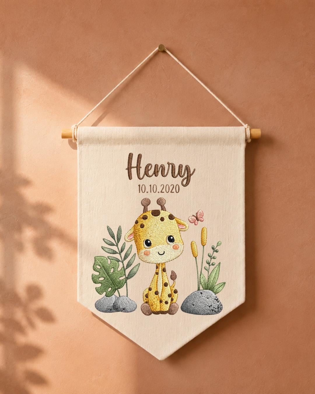 Personalized Giraffe Nursery Wall Hanging, Custom Name and Date Embroidered Banner, Safari Baby Room Decor, Jungle Baby Shower Gift