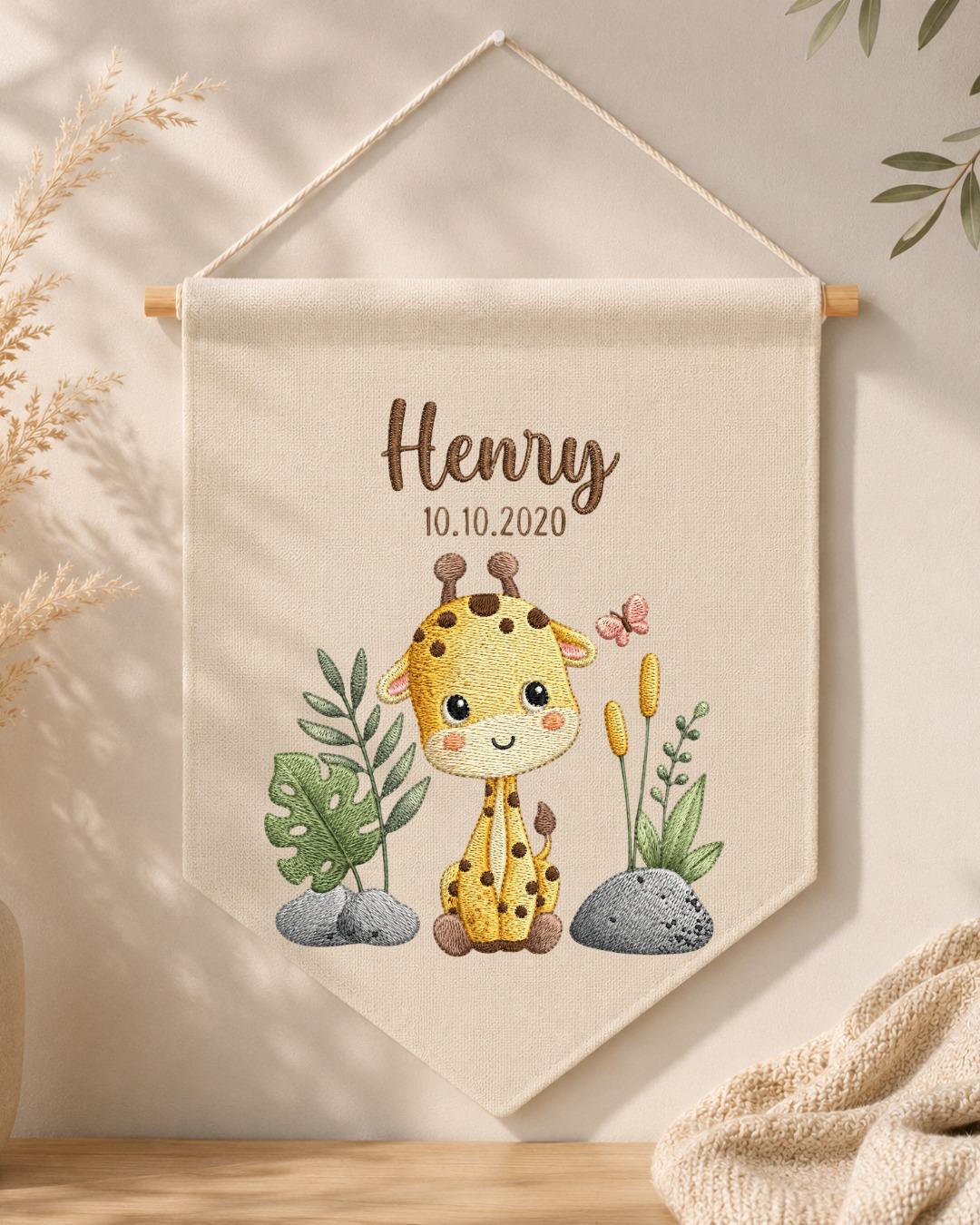 Personalized Giraffe Nursery Wall Hanging, Custom Name and Date Embroidered Banner, Safari Baby Room Decor, Jungle Baby Shower Gift