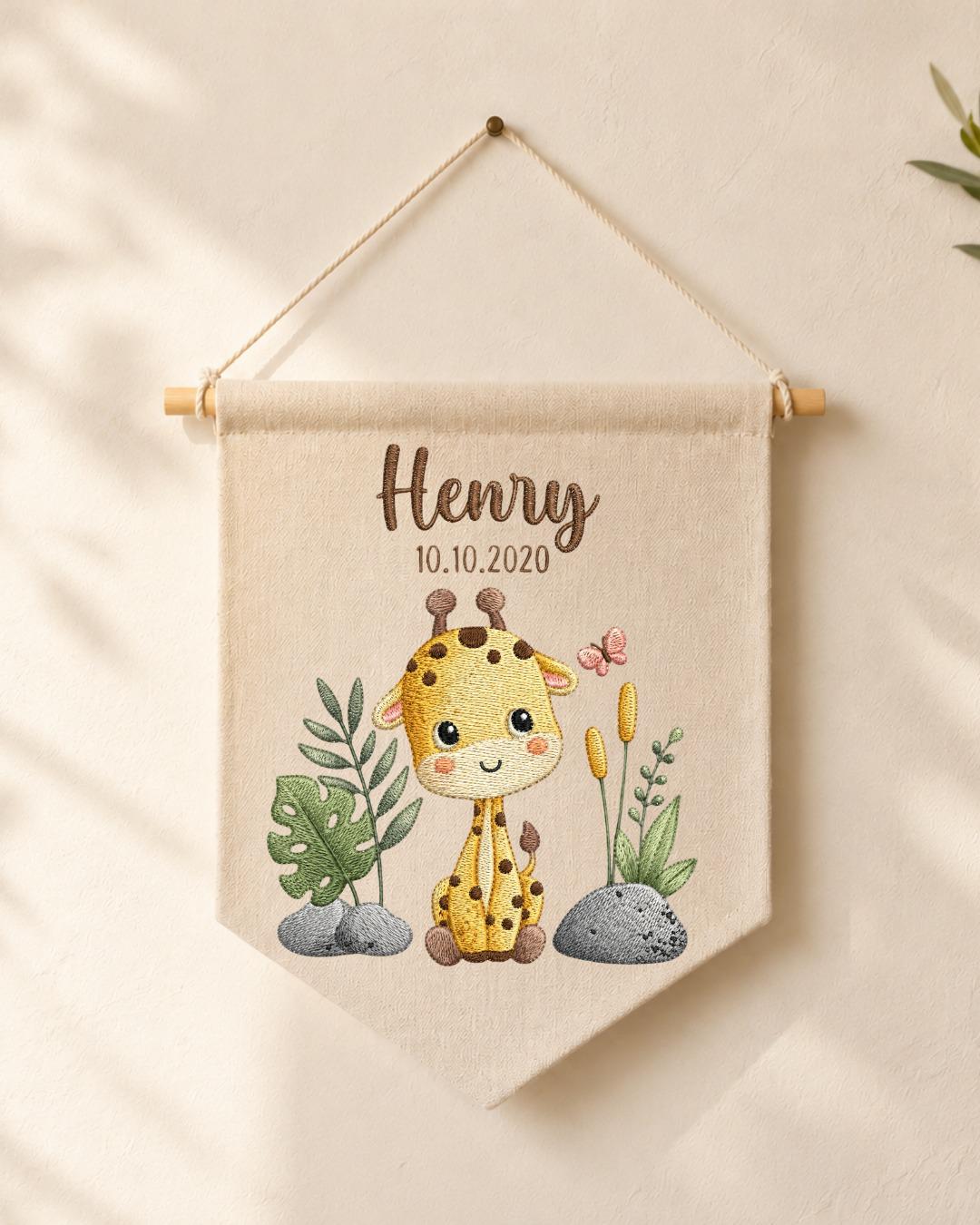 Personalized Giraffe Nursery Wall Hanging, Custom Name and Date Embroidered Banner, Safari Baby Room Decor, Jungle Baby Shower Gift