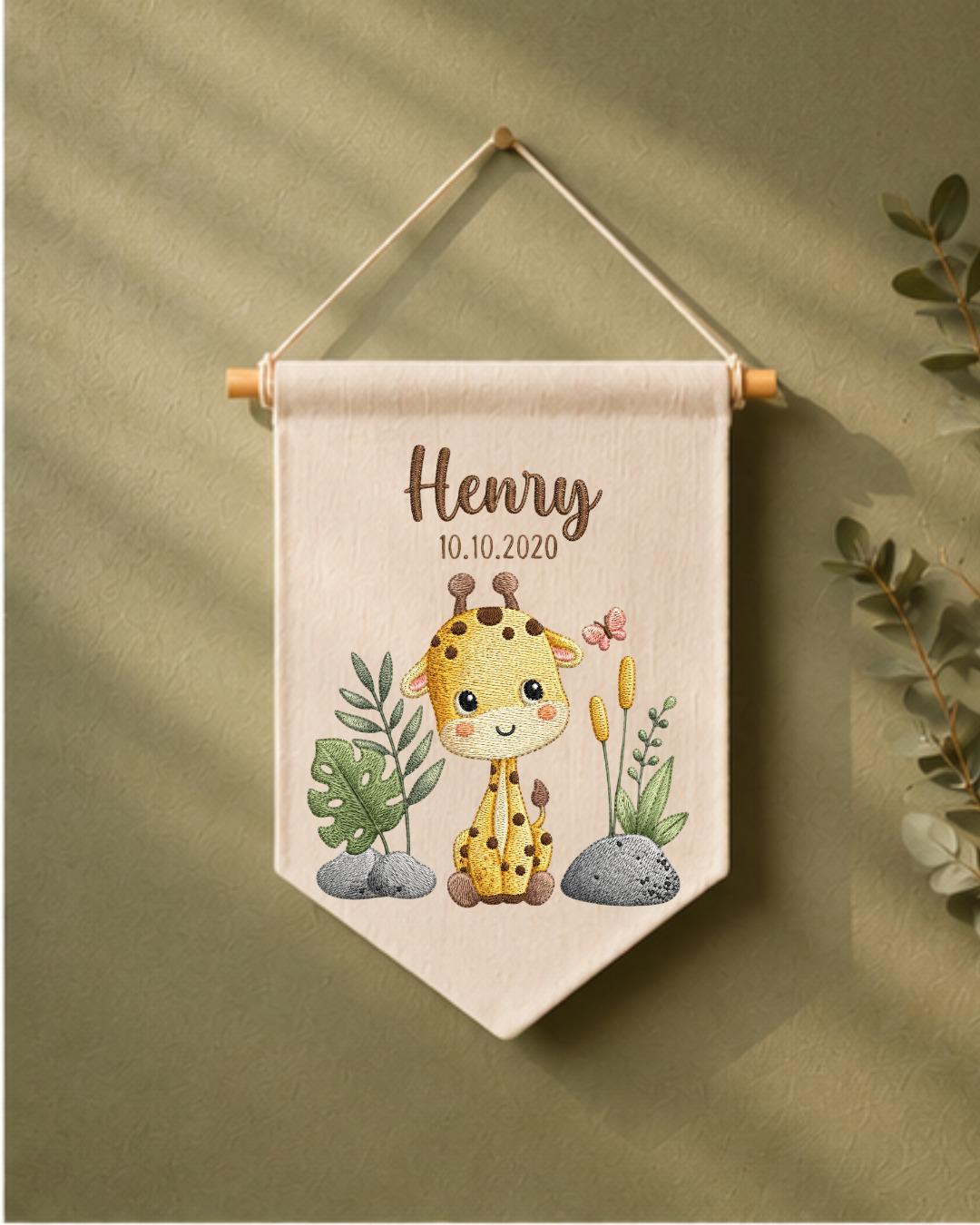 Personalized Giraffe Nursery Wall Hanging, Custom Name and Date Embroidered Banner, Safari Baby Room Decor, Jungle Baby Shower Gift
