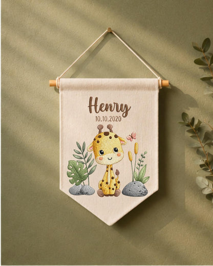 Personalized Giraffe Nursery Wall Hanging, Custom Name and Date Embroidered Banner, Safari Baby Room Decor, Jungle Baby Shower Gift